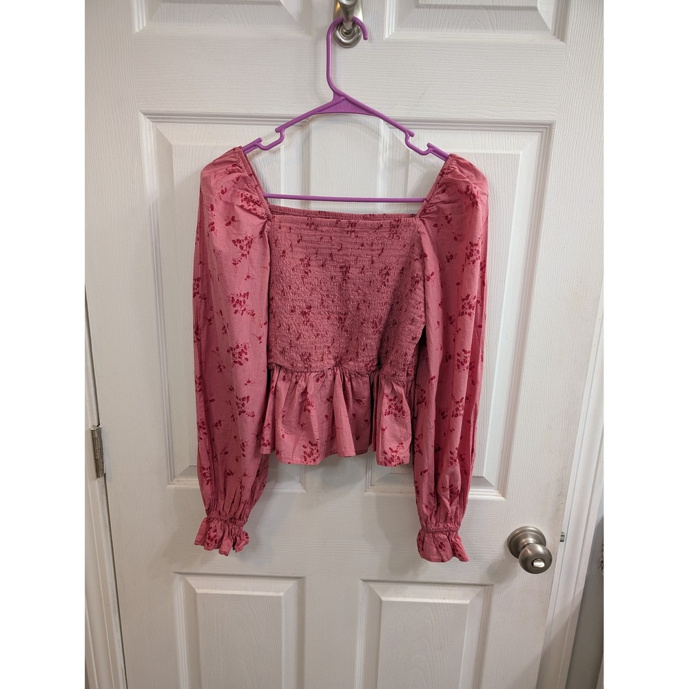 Dizzy Lizzy Floral Peasant Blouse Women‎ Pink Smocked Puff Sleeve - Size M